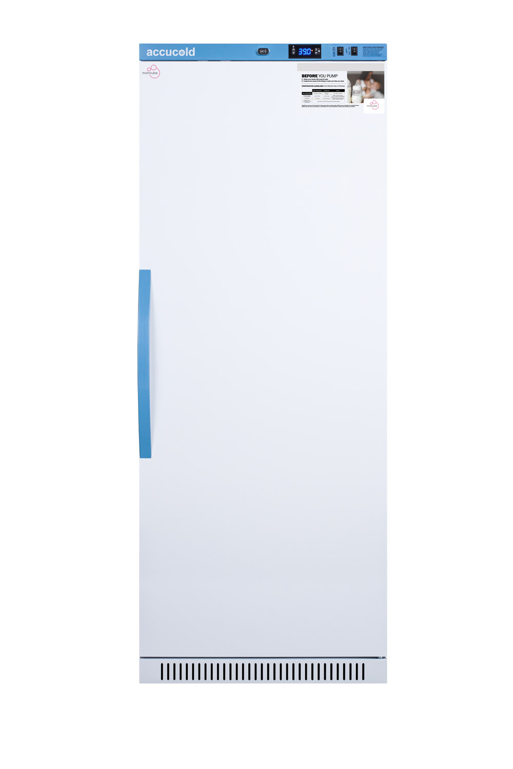 Purpose-built all-refrigerator for breast milk storage with 6 interior locking compartments, antimicrobial silver-ion handle, and hospital grade cord with 'green dot' plug